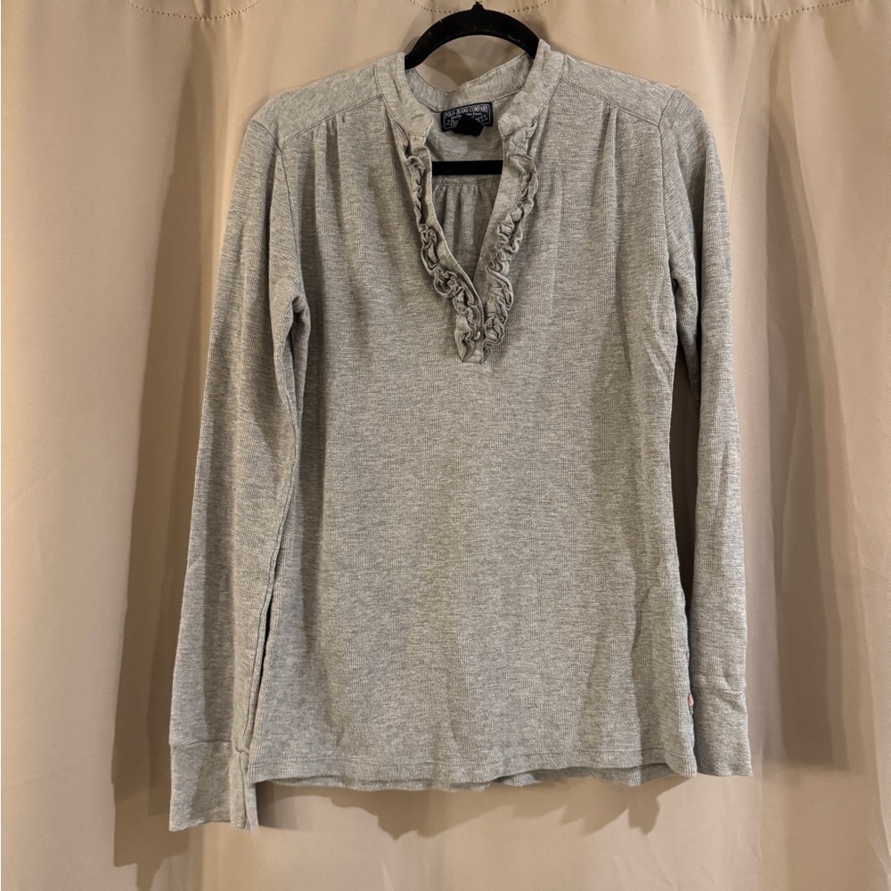 Polo Jeans Company Long Sleeve Ruffle V-Neck Top - Gray